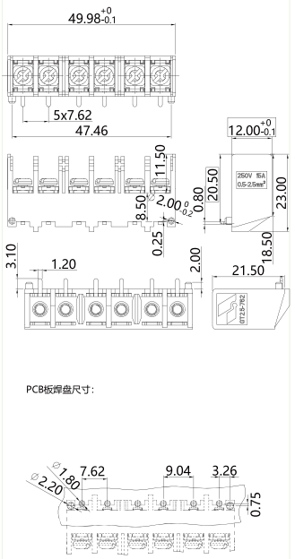 柵板式端子台GT2.5-762-06P圖紙