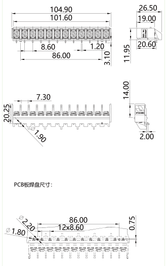 柵板式端子台GT2.5-860-12P圖紙