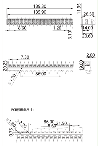柵板式端子台GT2.5-860-16P圖紙